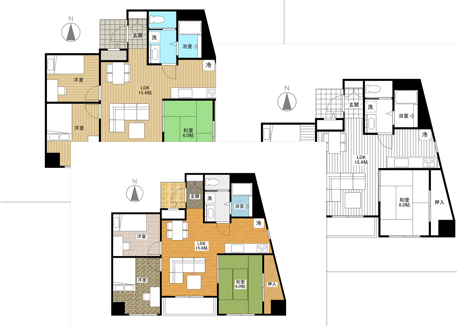 カラー/モノクロ/模様の切り替えイメージ